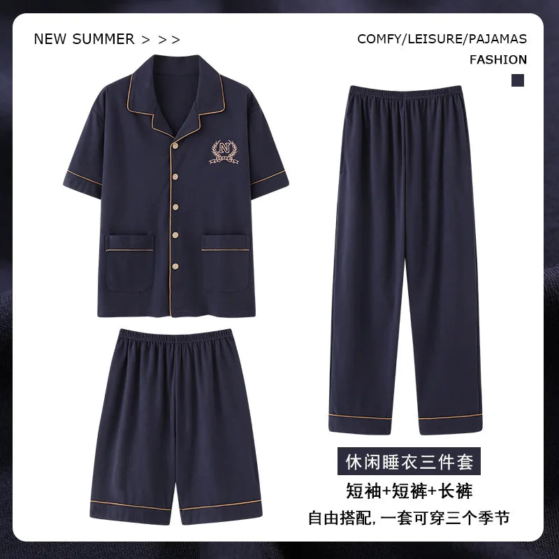 2023 New Cotton Sleepwear Men's 3 Pieces Set Homewear Plus Size 4XL Cardigan Nightwear Short Sleep Tops & Shorts & Long Pants