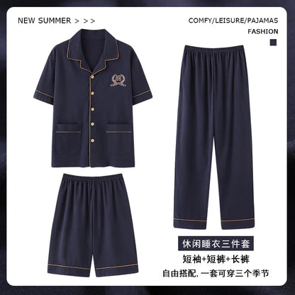 2023 New Cotton Sleepwear Men's 3 Pieces Set Homewear Plus Size 4XL Cardigan Nightwear Short Sleep Tops & Shorts & Long Pants