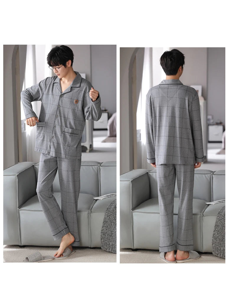 MiiOW Herr Pyjamas Set Vinter – Bomull Långärmad Rutig Grå Krage Plus Size, 8 Färger M–XXXL