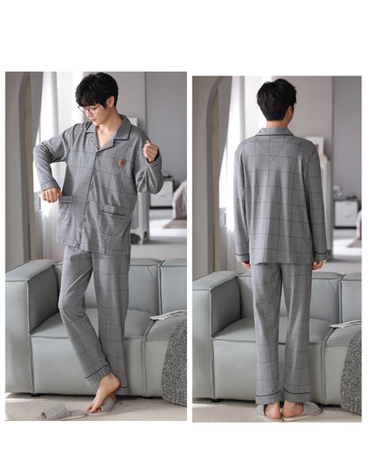 MiiOW Herr Pyjamas Set Vinter – Bomull Långärmad Rutig Grå Krage Plus Size, 8 Färger M–XXXL