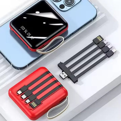 VIVO Mini Powerbank med 4 Inbyggda Kablar – Snabbladdning LED-display Dual USB Svart Vit Röd 50000/100000/200000mAh