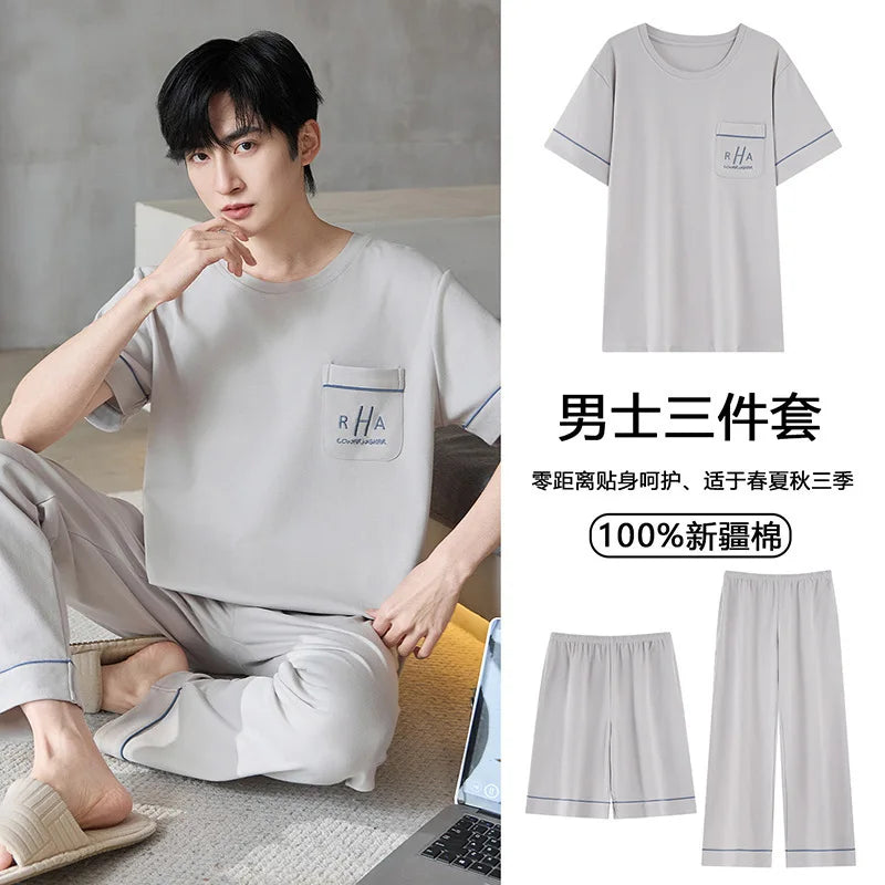 Short Sleeves & Shorts & Long Pant 3Pcs/set Cotton Nightwear for Men Summer Breathable Casual Sleepwear Male Loungewear Hombre