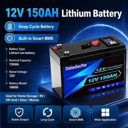 LiFePO4 Batteri 12V 150Ah 1920Wh – Smart BMS, USB-port, ~4000 Cykler, 18650-celler, CE/RoHS/UN38.3, Sol/Husbil/Båt/Off-Grid, EU-lager (Polen)