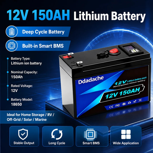 LiFePO4 Batteri 12V 150Ah 1920Wh – Smart BMS, USB-port, ~4000 Cykler, 18650-celler, CE/RoHS/UN38.3, Sol/Husbil/Båt/Off-Grid, EU-lager (Polen)