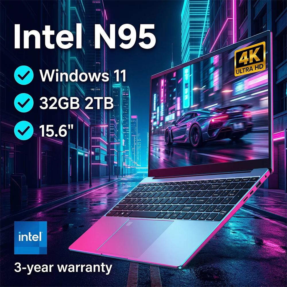 Ultratunn Laptop 15,6" Intel N95 16/32GB DDR4 Upp till 2TB SSD – Windows 11 Fingeravtryck Bakbelyst Numeriskt Tangentbord FHD