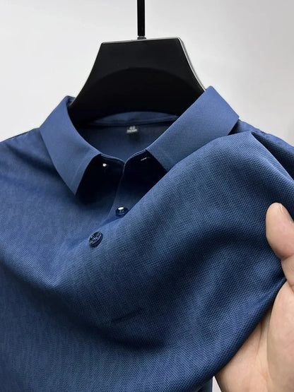 High end ice silk seamless short sleeve POLO shirt men's 2024 summer new fashionable jacquard silk breathable lapel T-shirt