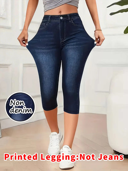 Printed Leggings - Non-Denim Fabric, Women's Summer Capri Leggings, Denim-Look Printed Leggings