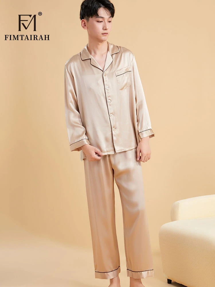 Fimtairah Real 19MM 100% Mulberry Silk Pajamas Men's Autumn  Hangzhou Solid Color heavy Silk Home Wear Men's