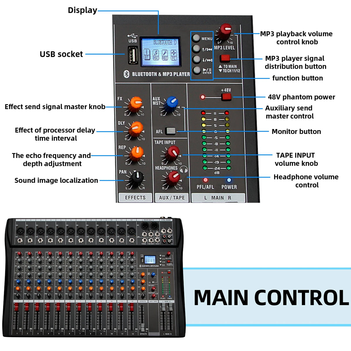Audio Mixer 6/8/12 Channels Professional DJ Mixer LR Microphone/Line Input, AUX, FX Processor MP3, Headphones, +48V Phantom