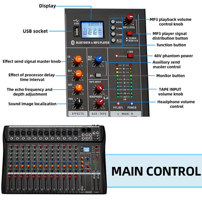 Audio Mixer 6/8/12 Channels Professional DJ Mixer LR Microphone/Line Input, AUX, FX Processor MP3, Headphones, +48V Phantom