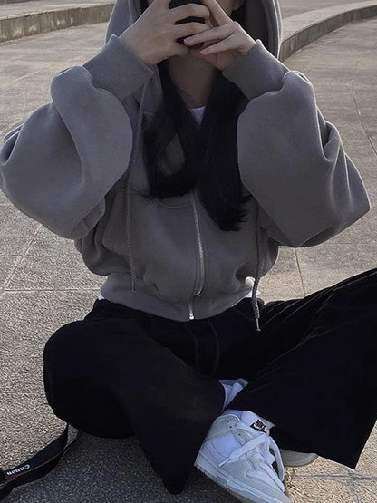 Zip Up Hoodies Women Autumn Winter Warm Fleece Lined Long Sleeve Cropped Jackets New Fashion Hooded Sweatshirts Female Y2K Coats