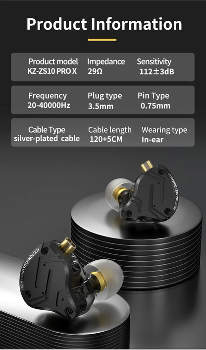 KZ ZS10 Pro X 4BA 1DD Hybrid IEM 10mm Dynamic Driver In Ear Monitor Detachable 0.75mm 2Pin Cable Metal Shell Gaming HiFi Earbuds for Audiophile