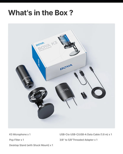 BOYA K3 USB Dektop Microphone with Noise Cancellation/Gain/RGB for Podcasting Live Streaming on iPhone Smartphone/PS4,5/Mac/PC