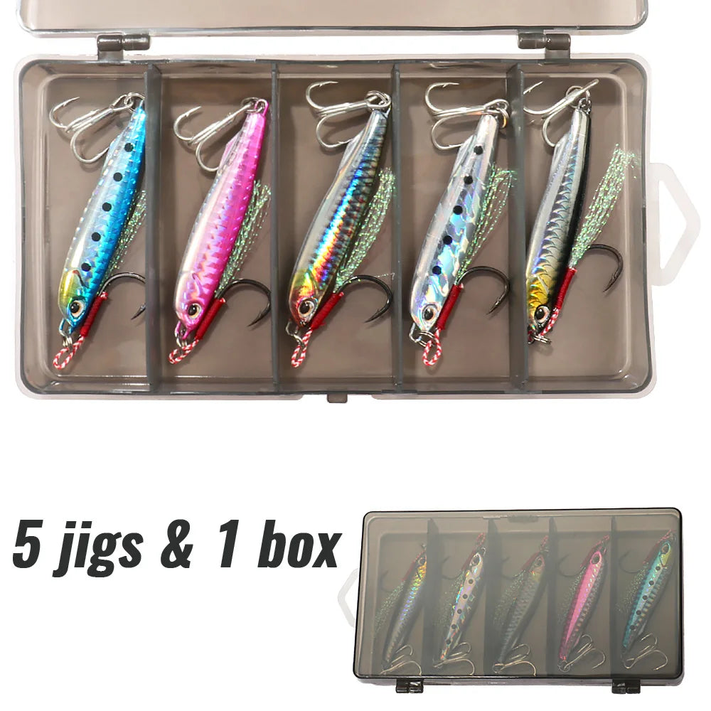 5pcs/box Metal Jig Lures 10g 20g 30g 40g Spinner Sinking Pencil Feather Hook Treble Hooks Pesca Set Fishing Tackle Box Bait Kit