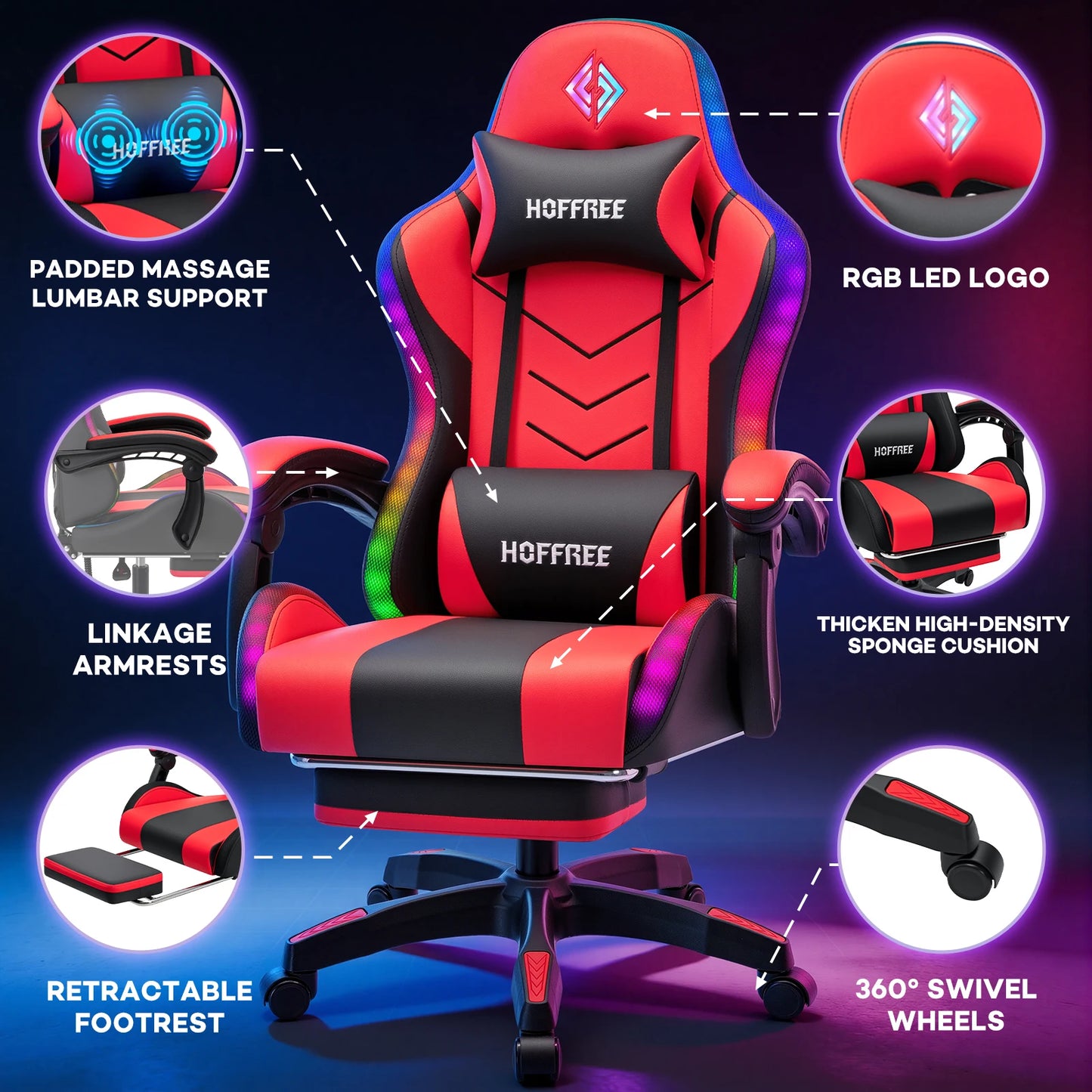 300lbs Gaming Chair with Music Rhythm RGB LED Lights and Wireless Speakers Ergonomic Massage Computer Gaming Chair with Footrest