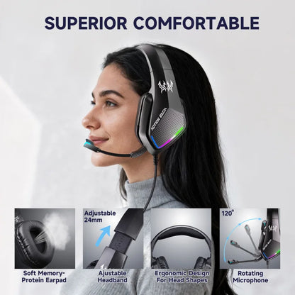 VIKEFON Esports Gaming Headset Over-Ear – Kabelanslutet Lättviktigt Kraftfull Drivare Mikrofon Volymkontroll Röd Blå Svart