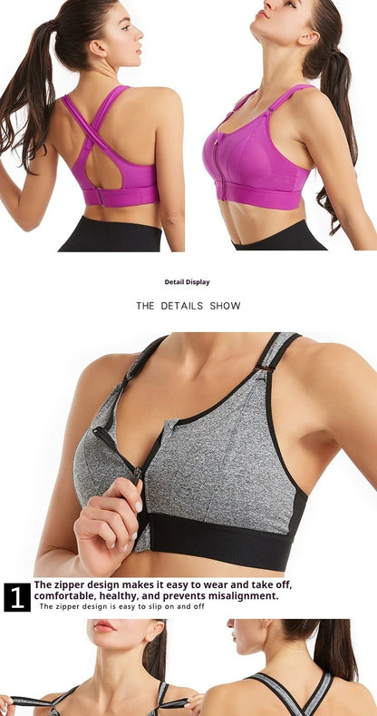 Women High Impact Shockproof Sports Bra Front Zip Adjustable Shoulder Straps Back Support Yoga Running Fitness Bralette