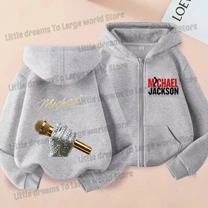 Michael Jackson Thin Long Sleeve Zipper Jacket Boys Hooded Clothes Autumn Spring Singer MJ Zip Up Streetwear with Pocket Tops