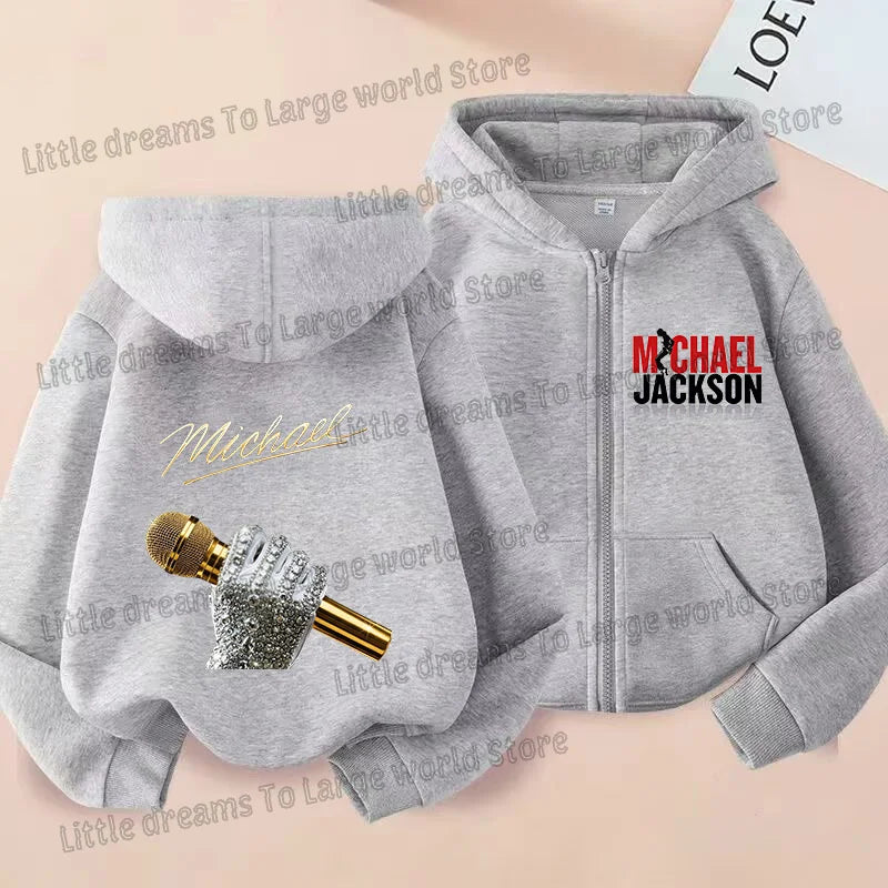 Michael Jackson Thin Long Sleeve Zipper Jacket Boys Hooded Clothes Autumn Spring Singer MJ Zip Up Streetwear with Pocket Tops