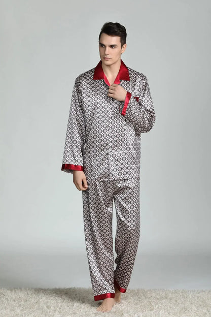 Pyjamasset herr med satinkänsla – långärmad överdel och långbyxor, L–3XL