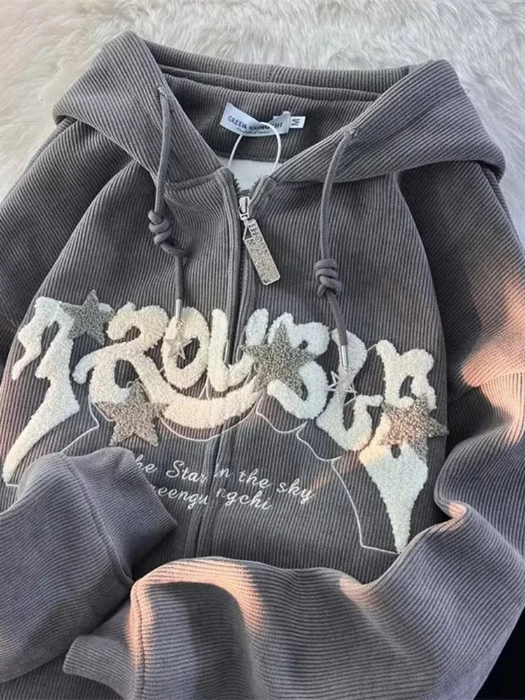 Fashion Embroidery Zip Up Hoodies Women Autumn Long Sleeve Tops Loose Hood Shirt Harajuku Y2K Clothes Female Sweatshirt Jacket
