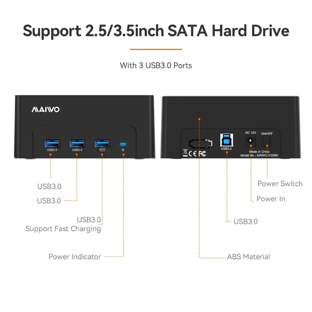 MAIWO HDD Docking Station with USB 3.0 HUB Extension 2.5 3.5 Inch SATA HDD Case Support 24TB with Fast Charge Port HDD Enclosure