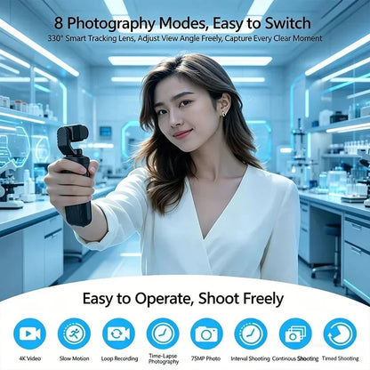 4K Action Camera with 330° Face Tracking Gimbal Stabilizer, 75MP WiFi Pocket Portable Camcorder, Mini Handheld Vlog Camera for