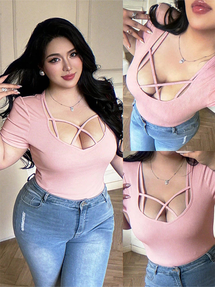 Plus Size, Fashion, Spring/Summer, Tie-front, Sexy, Seductive Style, T-shirt, Fitted, Slimming, Seductive Style