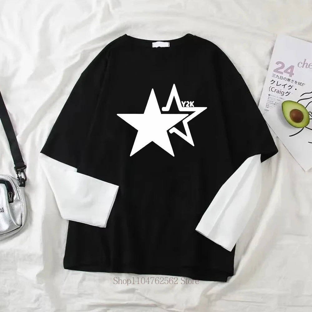 Women Star Y2K Print Graphic Fake Two Long Sleeved T-shirts Fashion Gothic Retro Casual Loose Fake Two Long Sleeved T Shirt