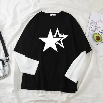 Women Star Y2K Print Graphic Fake Two Long Sleeved T-shirts Fashion Gothic Retro Casual Loose Fake Two Long Sleeved T Shirt