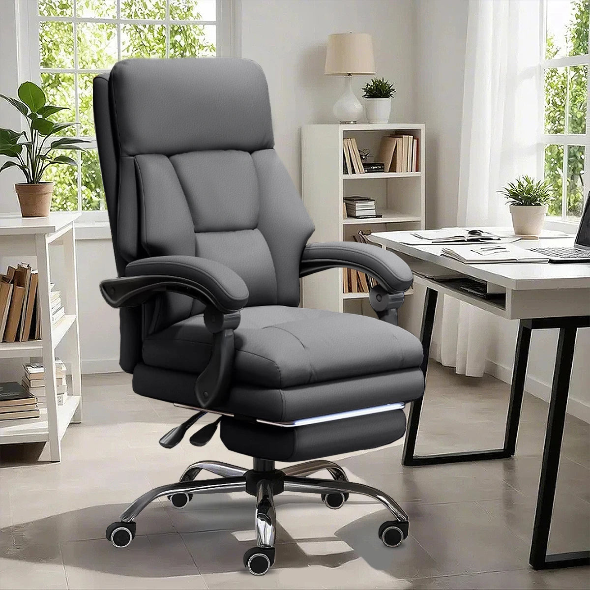 High-Back Ergonomic Office Chair, Swivel with Retractable Footrest, Multi-Position Adjustable Boss Chair