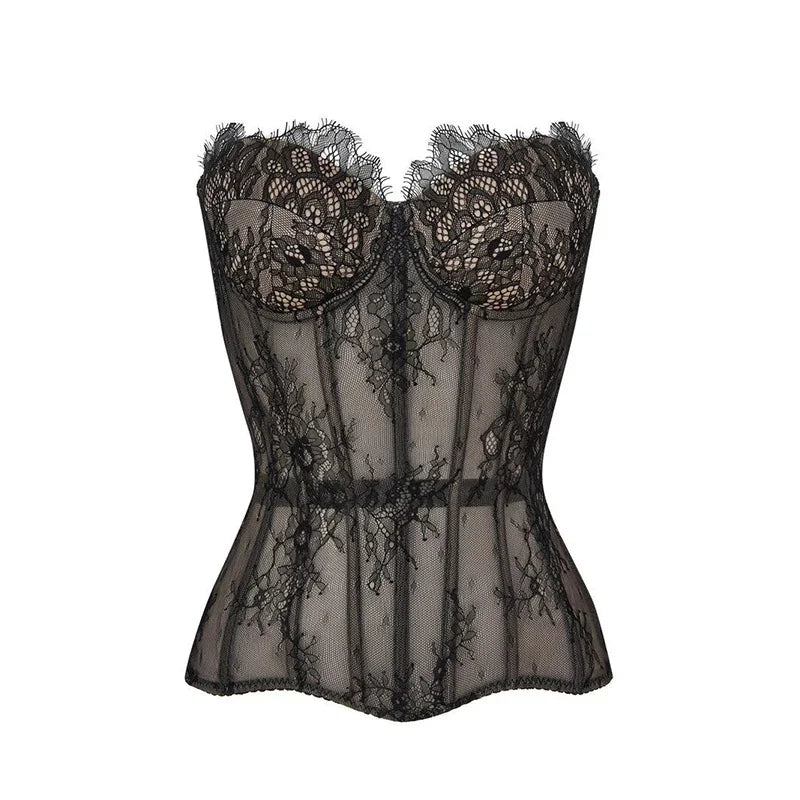 Sexy Women's Lace Fishbone Bandage Vest Black Slim Strapless Backless Female Corset 2026 Spring Summer Lady Beach Party Top New