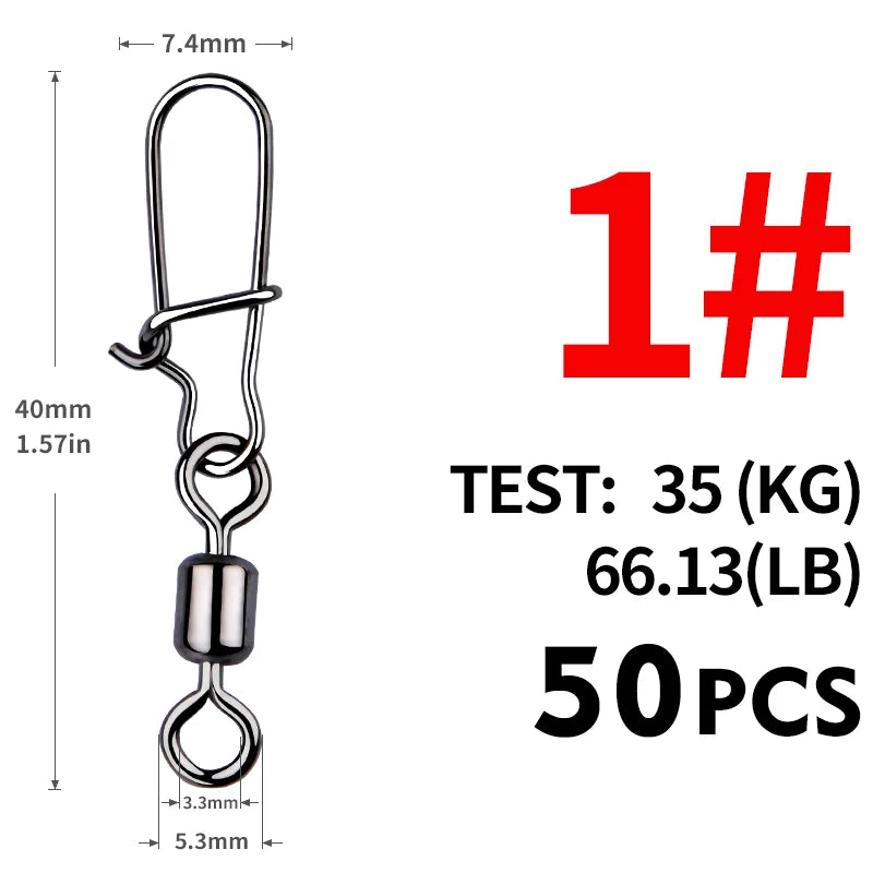 MEREDITH 50PCS Pike Fishing Accessories Connector Pin Bearing Rolling Swivel Stainless Steel Snap Fishhook Lure Swivels Tackle