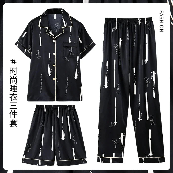 Fashion Summer Autumn 3 Piece Silk Men Pajamas Set Short Sleeve Shorts Oversize Homewear Lapel Collar Loungewear Pijamas for Man