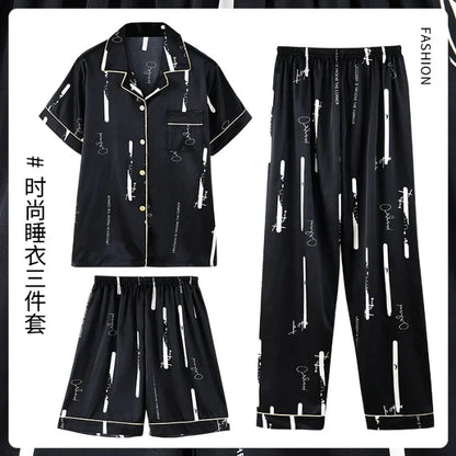 Fashion Summer Autumn 3 Piece Silk Men Pajamas Set Short Sleeve Shorts Oversize Homewear Lapel Collar Loungewear Pijamas for Man