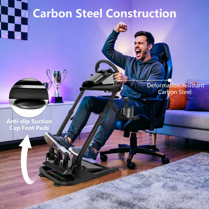 Universal Foldable Racing Steering Wheel Stand Adjustable Carbon Steel Simulator Cockpit Mount Compatible with Logitech G25 G27 G29 G920 T300 T500RS Gaming Wheel Support, Does Not Include Wheel Pedals Shifter