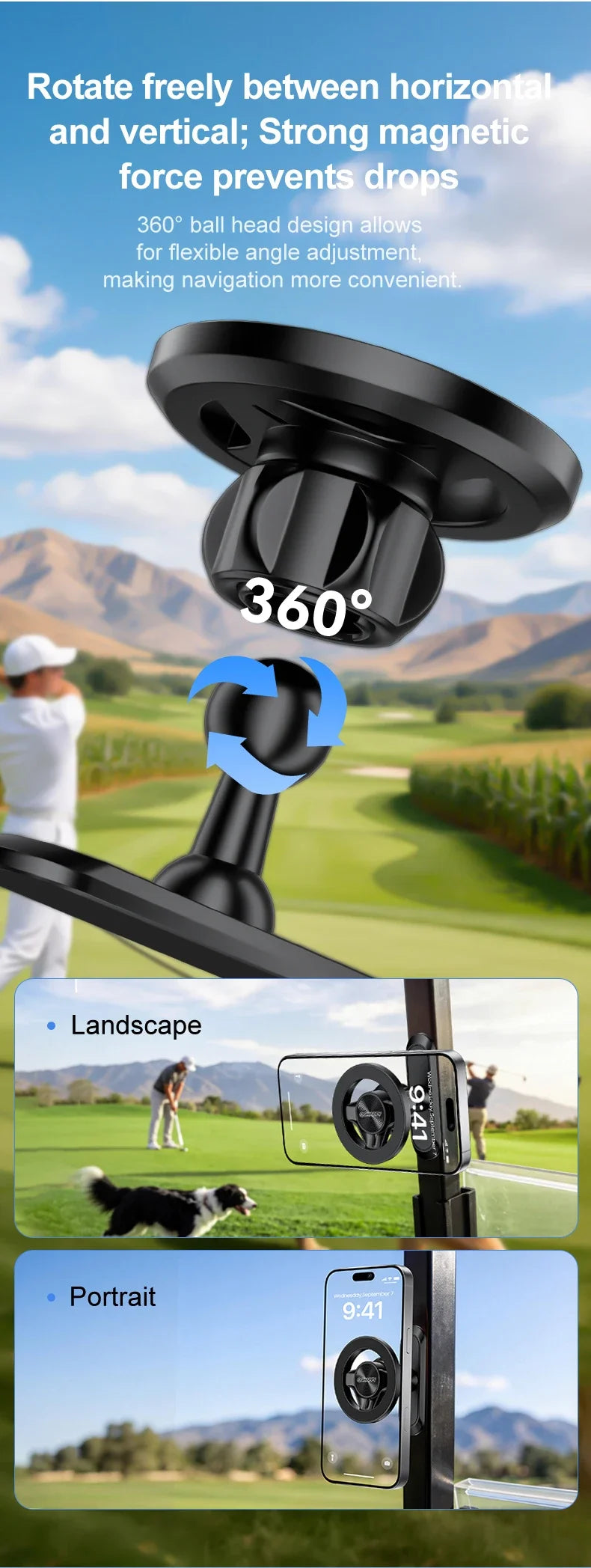 MagSafe Magnetic Phone Holder Double-Sided Strong Magnetic Stand 360° Rotating Anti Shake Metal Phone Mount for Golf Cart Gym