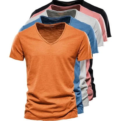 New 100% Cotton Men T Shirt Tops V Neck Thin Short Sleeve Tees High Quality Men's Fashion Fitness Hot T-shirt For Men Size S-5XL