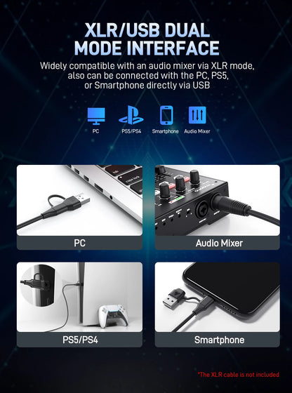 MAONO PD200XS USB/XLR Dynamic Microphone with Shock Mount Boom Arm Stand Maonolink Gain Knob RGB Light for PC Gaming Recording