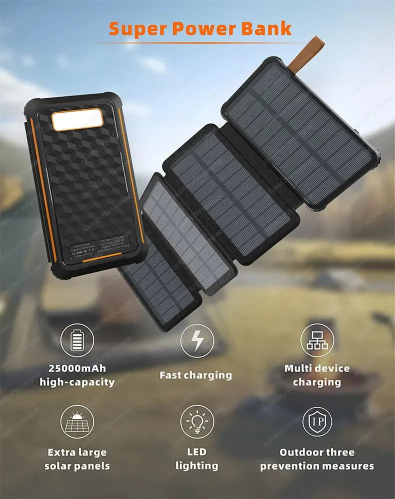 Vikbar Solcells Powerbank IP65 MPPT – LED-lampa USB-A USB-C 5V/2,4A Camping Utomhus 10000/20000/25000mAh
