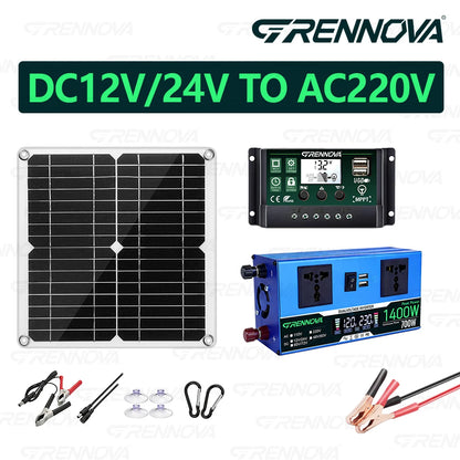 Grennova Solkraftsystem – Ren Sinusvåg 700W/1400W + 30W Solpanel + 60A MPPT 12V/24V 110V/220V Husbil Off-Grid CE