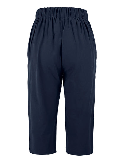 Women's High Waisted Capri Trousers Summer Stretch Cropped Pants with Pocket and Button Details Navy Blue Casual Comfort