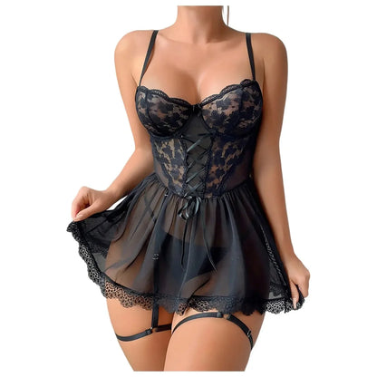 Soild Lingerie Erotic Nightwear  Womens' Nightdress Sexy Pajamas Lace Nightclub Fun Underwear Hollow Backless Ladies Nightgown