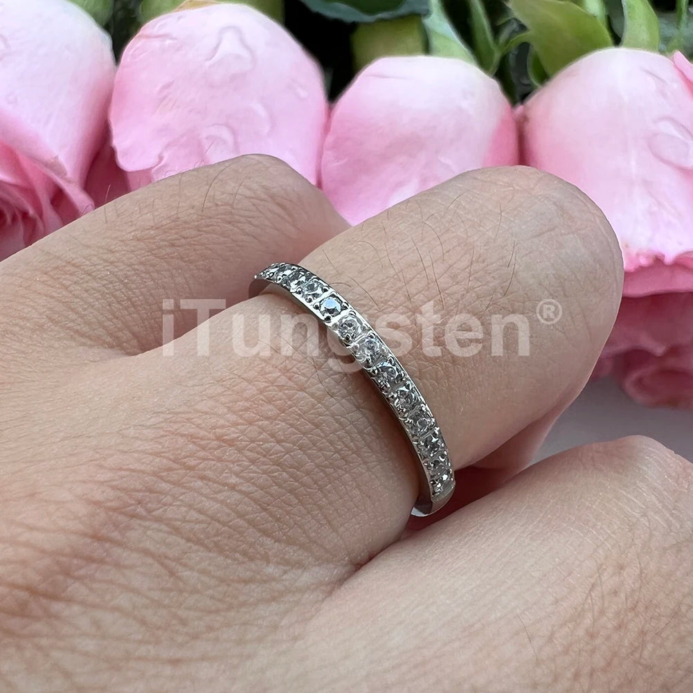 ITungsten 2/3/4mm Men Women Titanium Princess Cubic Zirconia CZ Inlay Ring Nice Eternity Engagement Wedding Band