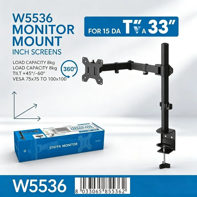 WETECH W5536 Single Monitor Desk Mount Bracket Dual Adjustable Arm Max Load 8kg Fit 15-33 Inch Monitor 360° Rotation +45° Tilt Support VESA 75x75 100x100 Clamp-on Monitor Stand