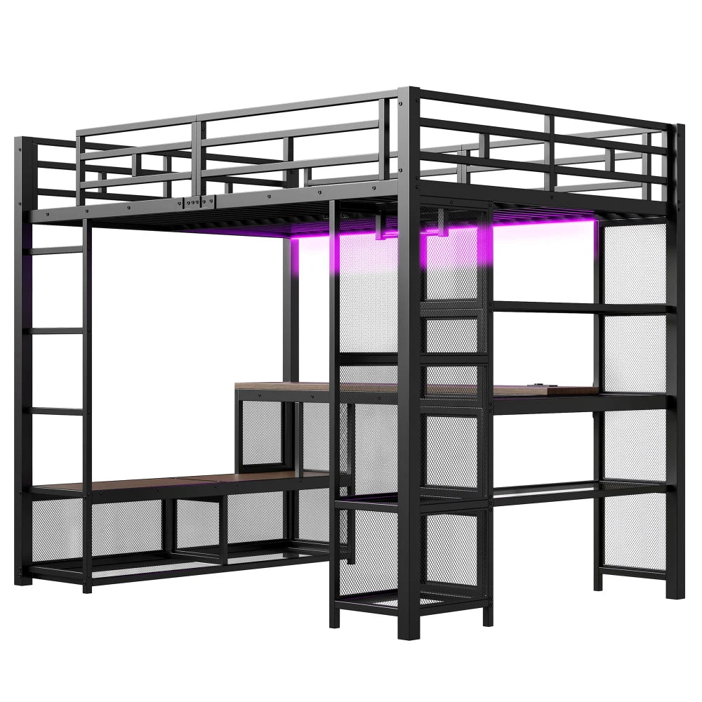 140x200cm Metal High Bed with Storage and Open Wardrobe, Kids Bedroom Bed with USB Connector and LED Lighting, Black/white