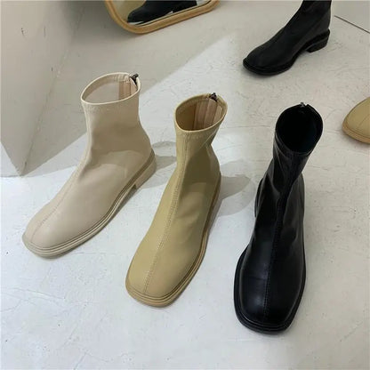 White Female Ankle Boots Work Short Shoes for Women Leather Elegant with Low Heels Booties Footwear Designer Luxury Chic New In