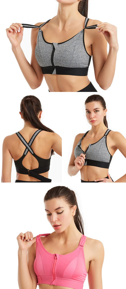 Women High Impact Shockproof Sports Bra Front Zip Adjustable Shoulder Straps Back Support Yoga Running Fitness Bralette