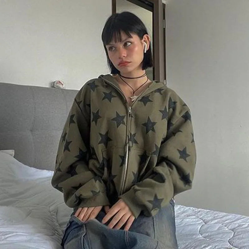 Sweatshirt Zip Up Hoodie Y2k Streetwear Loose Vintage Aesthetics Top Harajuku Jacket Casual Gothic Oversized Stars Print Clothes