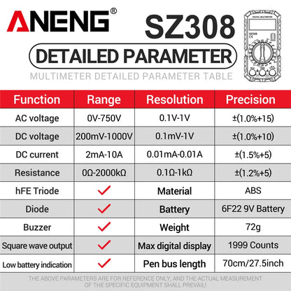 ANENG SZ308 digital multimeter med VD802-spänningspenna